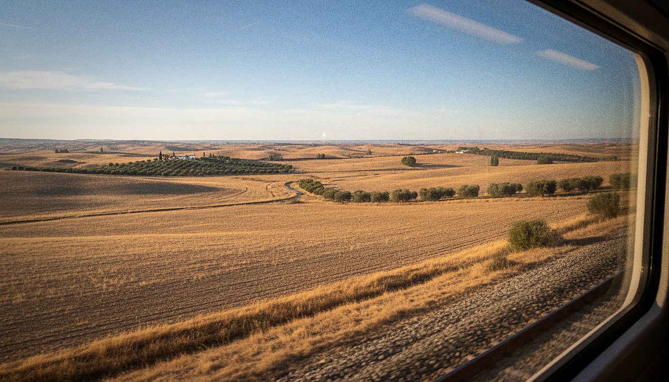 Plaines de la Meseta espagnole vues depuis la fenêtre du train entre Saragosse et Madrid